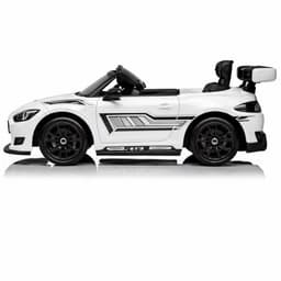 Mercedes AMG GT3 Blanc pour enfants, cabriolet électrique avec carrosserie blanche, stickers sport, jantes noires, aileron arrière et siège baquet