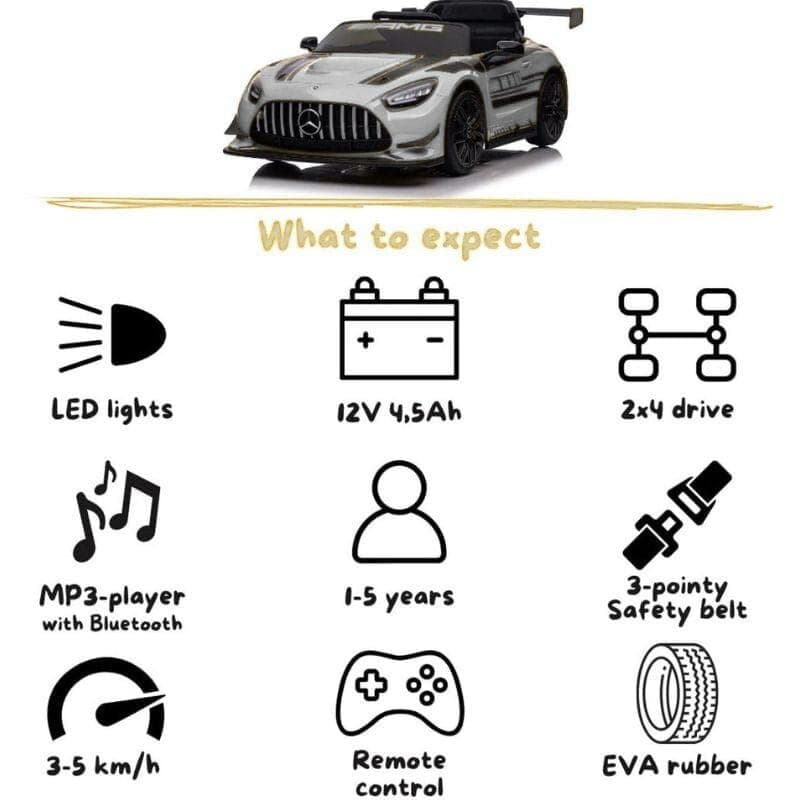 Mercedes AMG GT3 Blanc pour enfants, 12V 4,5Ah, 2x4, phares LED, lecteur MP3 Bluetooth, ceinture 3 points, télécommande parentale, pneus EVA, 3-5 km/h
