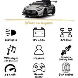 Mercedes AMG GT3 Blanc pour enfants, 12V 4,5Ah, 2x4, phares LED, lecteur MP3 Bluetooth, ceinture 3 points, télécommande parentale, pneus EVA, 3-5 km/h