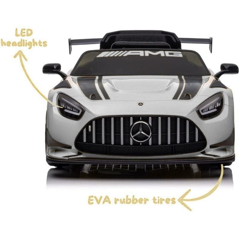 Mercedes AMG GT3 Blanc pour enfants avec phares LED, pneus EVA, calandre verticale, aileron arrière et détails sportifs noirs sur carrosserie blanche