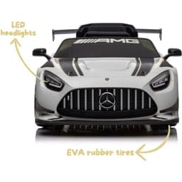 Mercedes AMG GT3 Blanc pour enfants avec phares LED, pneus EVA, calandre verticale, aileron arrière et détails sportifs noirs sur carrosserie blanche