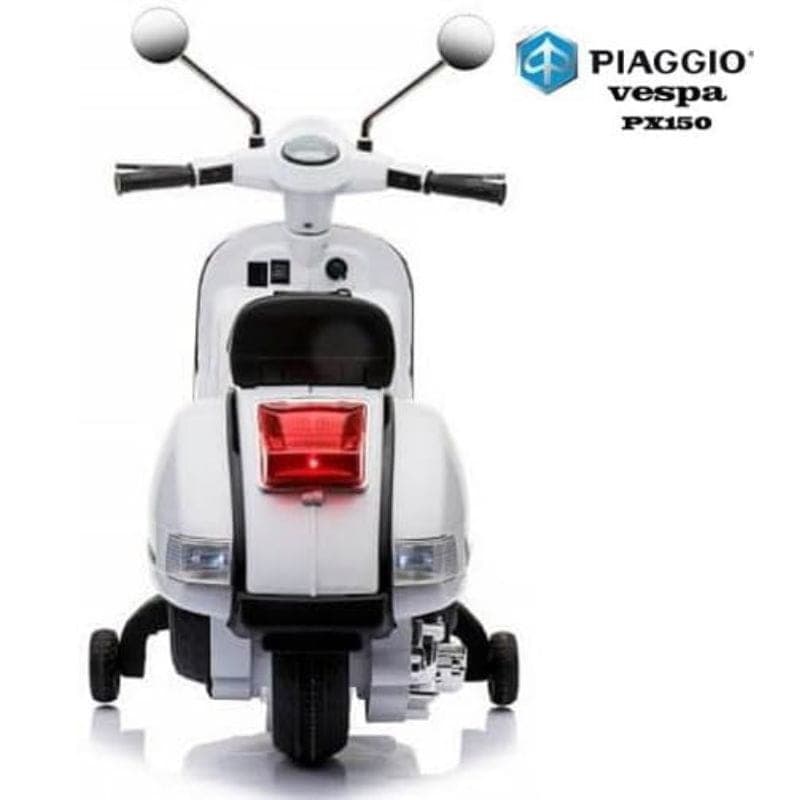 Vespa PX150 12V Blanc pour enfants avec phare arrière rouge, deux stabilisateurs latéraux, guidon chromé et rétroviseurs ronds, design rétro fidèle