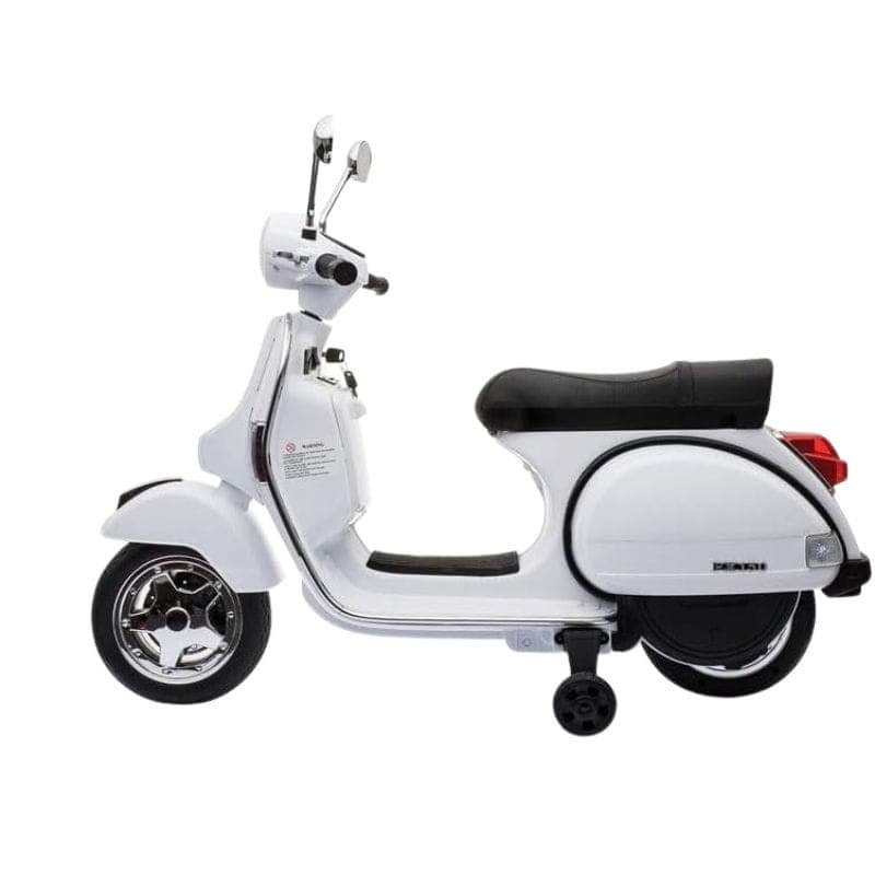 Vespa PX150 12V blanche pour enfants, carrosserie brillante, selle noire, rétroviseurs chromés, roues lustrées et petites roulettes dappui pour stabilité