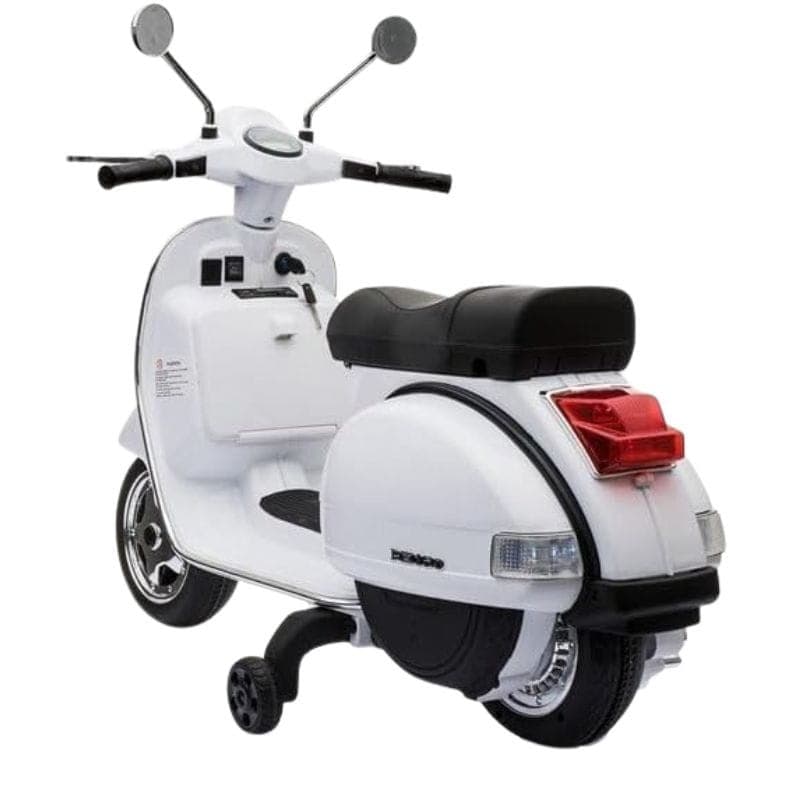 Vespa PX150 12V Blanc pour enfants avec roues dappui, rétroviseurs chromés, selle noire, feux arrière rouges et finitions rétro élégantes