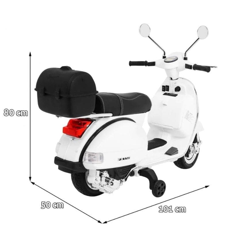Vespa PX150 12V Rose pour enfants avec roulettes d’apprentissage, selle noire, top case arrière, rétroviseurs ronds et détails chromés, style rétro