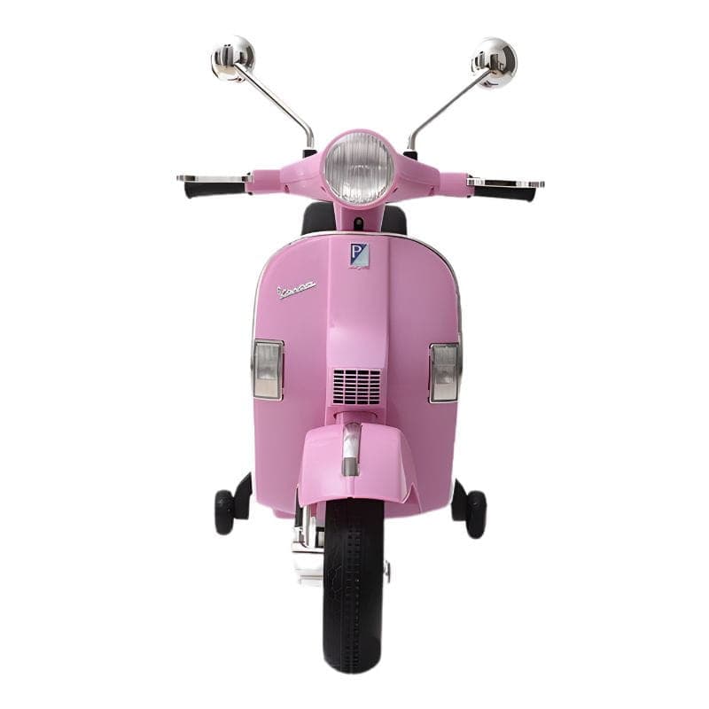 Vespa PX150 12V Rose pour enfants, avant iconique rose, guidon chromé avec rétroviseurs ronds, phare central, petites roues d’appui pour stabilité