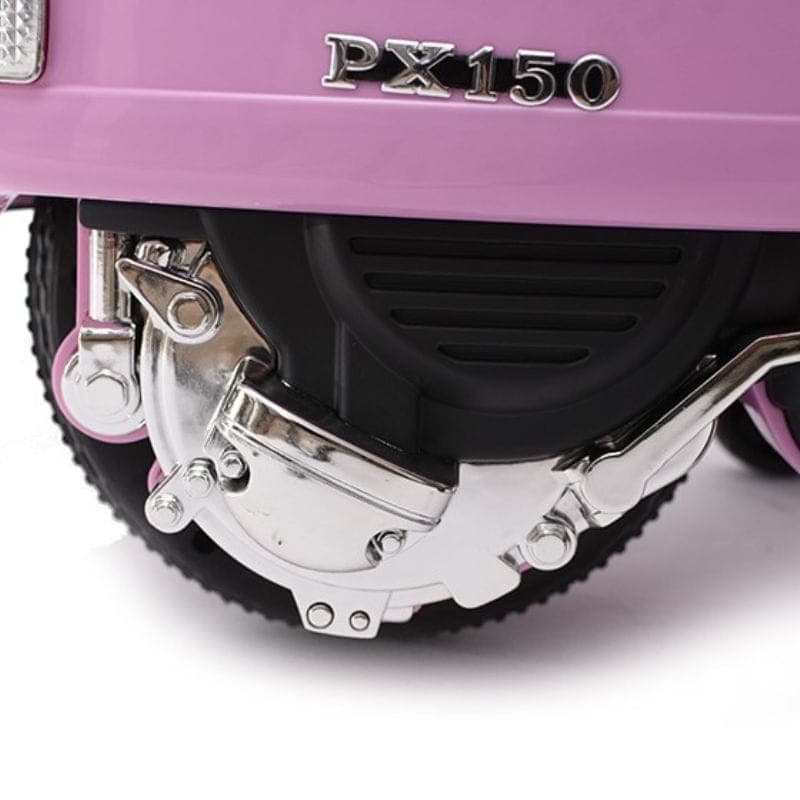 Vespa PX150 12V Rose pour enfants, détail moteur chromé et flanc rose, pneus texturés, finition PX150 en relief, style rétro réaliste et solide