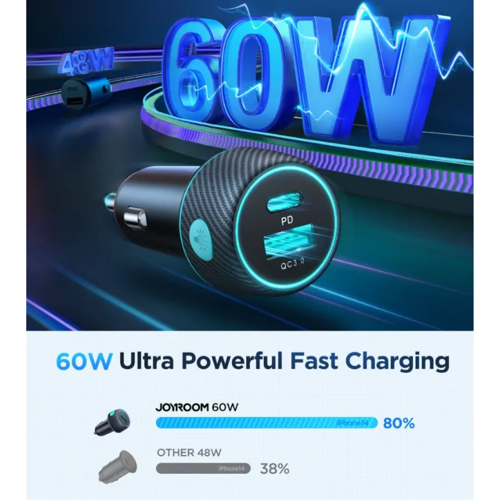 Cargador de coche Joyroom JR-CCN01 60W con puerto USB-C PD y USB-A QC3.0, botón lateral para luces LED RGB, acabado efecto fibra de carbono negra - Ítem1