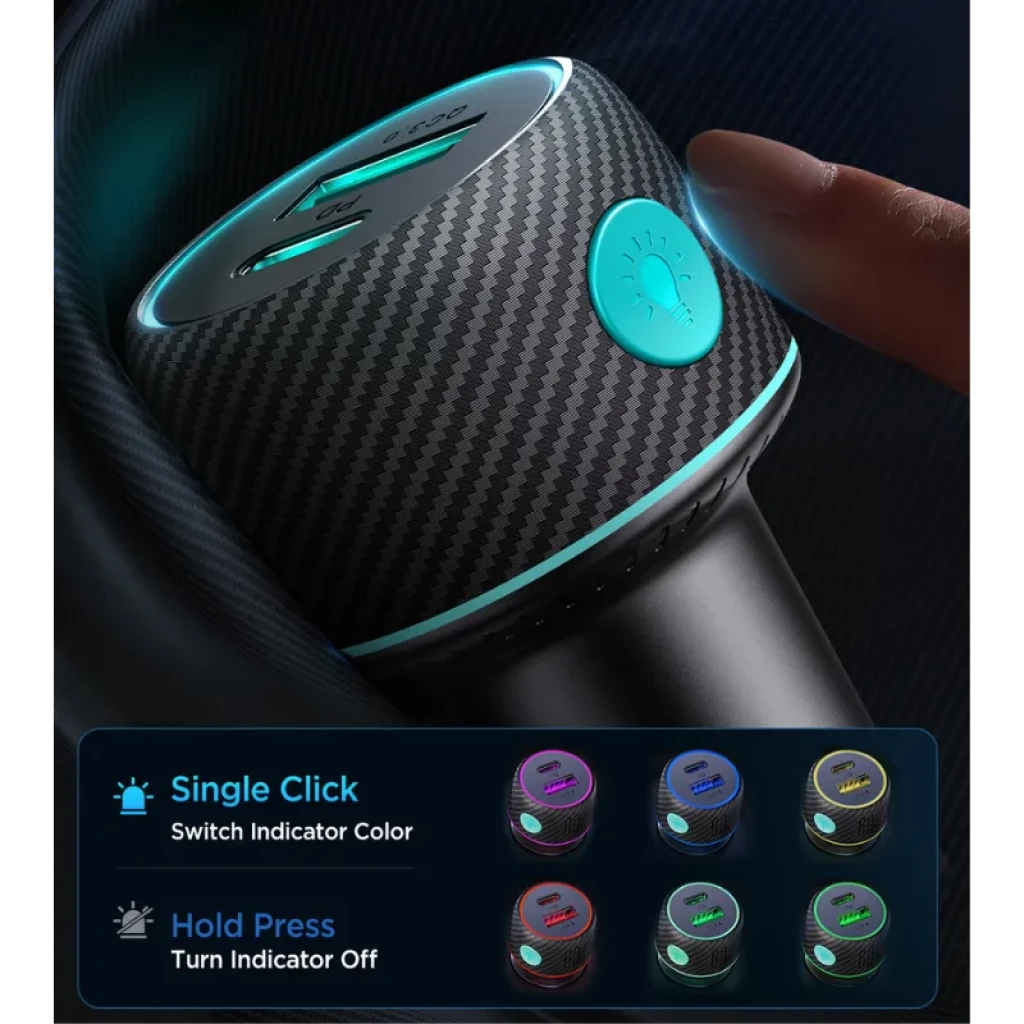 Cargador de coche Joyroom JR-CCN01 60W con puerto USB-C PD y USB-A QC3.0, botón lateral para luces LED RGB, acabado efecto fibra de carbono negra - Ítem2