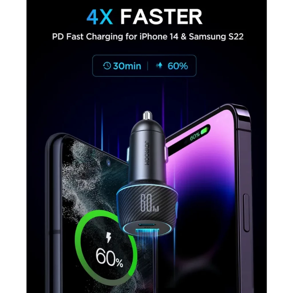 Cargador de coche Joyroom JR-CCN01 60W con puerto USB-C PD y USB-A QC3.0, botón lateral para luces LED RGB, acabado efecto fibra de carbono negra - Ítem3