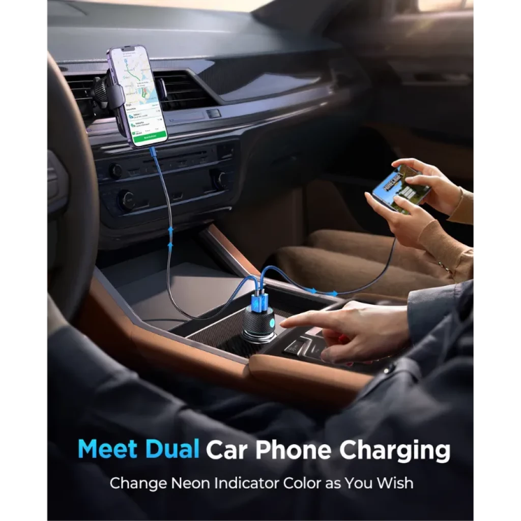 Cargador de coche Joyroom JR-CCN01 60W con puerto USB-C PD y USB-A QC3.0, botón lateral para luces LED RGB, acabado efecto fibra de carbono negra - Ítem5