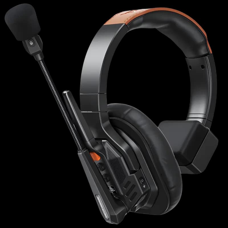 COMICA Seekcom S1 casque noir et orange avec micro boom flexible, oreillettes rembourrées, arceau robuste, module intercom latéral compact et boutons dédiés