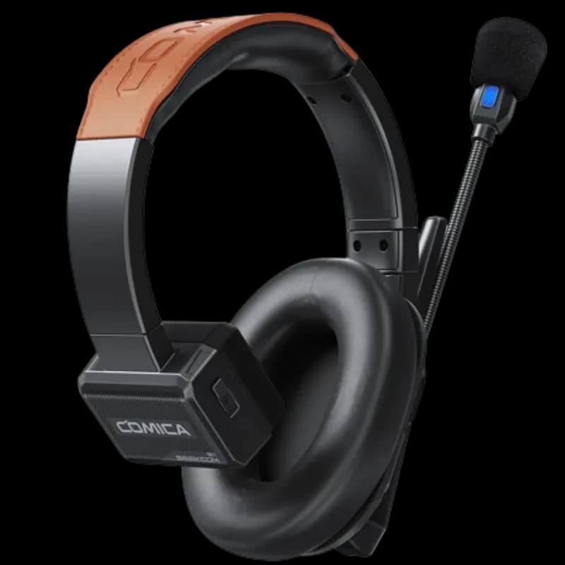 COMICA Seekcom S1 casque pro avec micro perche amovible, arceau orange, coussinets épais, module sans fil intégré et bonnette anti-vent bleue