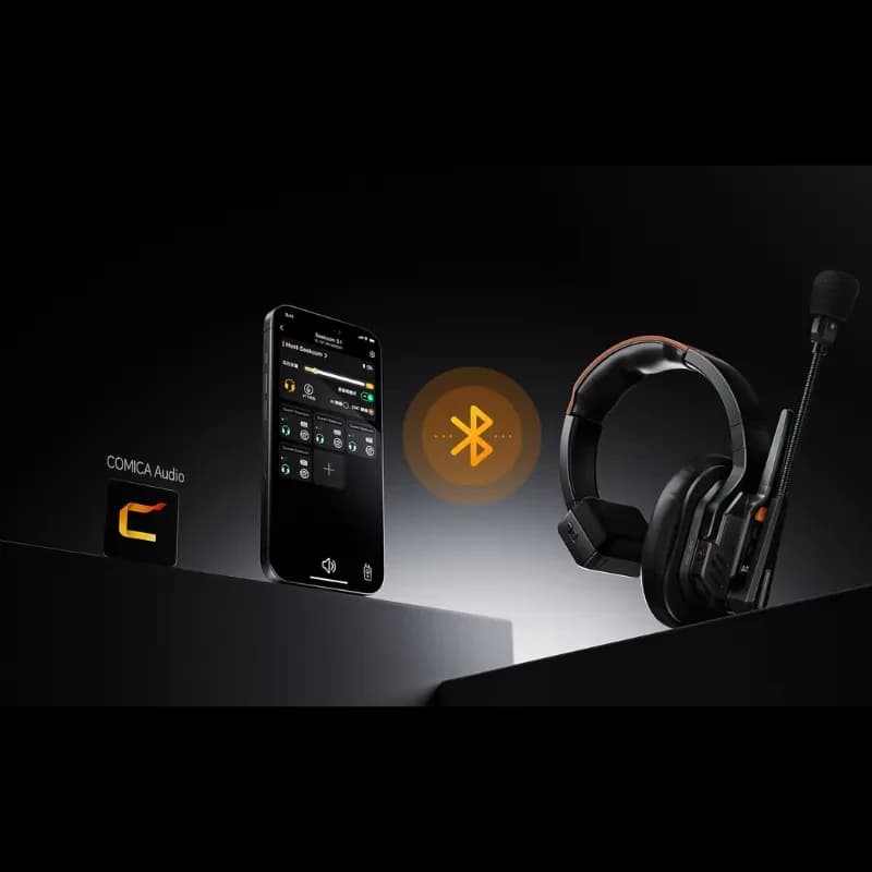 COMICA Seekcom S1 Système d’intercom avec micro-casque pro, module émetteur et appli mobile; casque noir avec perche, liserés orange, connexion Bluetooth