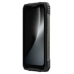 Smartphone robusto preto com ecrã 6,67 pol, cantos reforçados, moldura texturizada, botões laterais e porta USB protegida, design resistente e angular