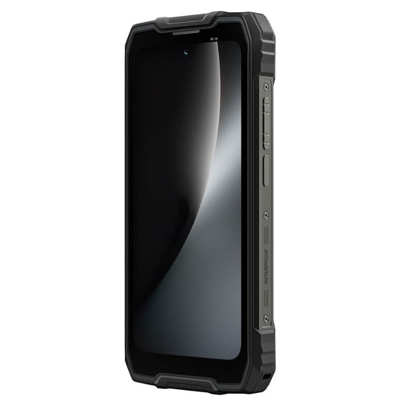 Smartphone robusto preto com ecrã 6,67 pol, cantos reforçados, moldura texturizada, botões laterais e porta USB protegida, design resistente e angular