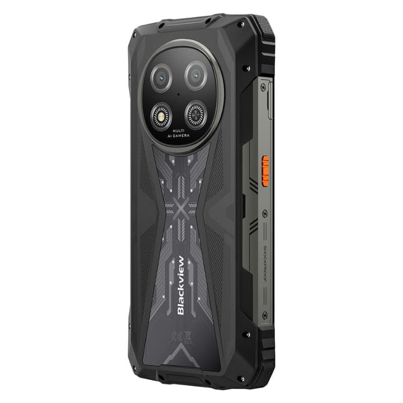 Smartphone robusto preto Blackview Rock 2 5G com traseira texturizada, módulo de câmara circular duplo, laterais reforçadas e botão laranja destacado