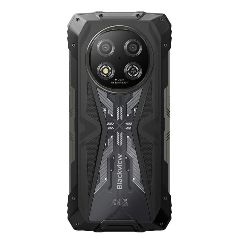 Blackview Rock 2 5G preto robusto com traseira texturizada, módulo circular com dupla câmara e flashes, detalhes em X e corpo reforçado anti-queda