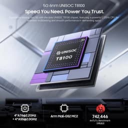 Puce UNISOC T8100 6 nm 5G avec CPU 2,2 GHz, design noir et violet, icônes de performances et score AnTuTu 742446 affiché en bas de l’image