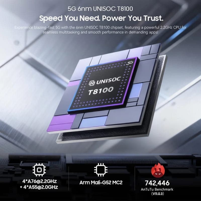 Chipset UNISOC T8100 6nm com CPU 2,2 GHz, GPU Arm Mali-G52 MC2, desempenho rápido e 742446 pontos no AnTuTu, ideal para multitarefa e jogos