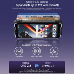 Blackview Rock 2 5G noir robuste, écran 6,67 pouces, cadre renforcé, ports protégés, boutons latéraux texturés, interface Android affichée яр