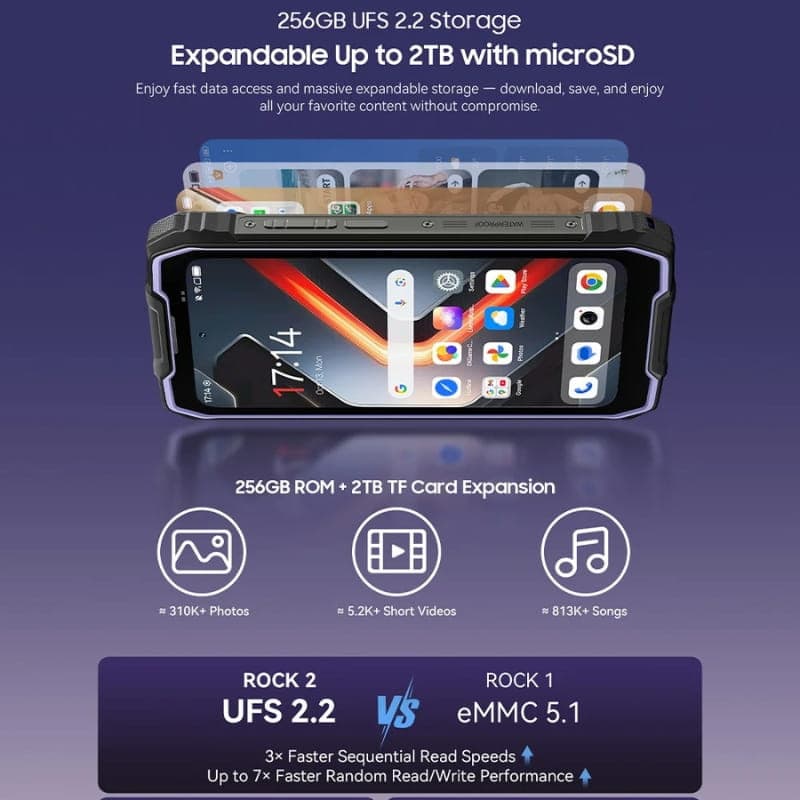 Blackview Rock 2 5G preto com ecrã 6,67, corpo robusto, 256 GB UFS 2.2 expansível até 2 TB, 8 GB RAM, bateria 15000 mAh, botões laterais reforçados