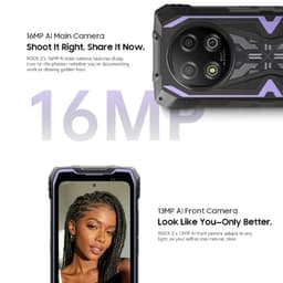 Blackview Rock 2 5G noir robuste, module photo arrière triple 16 MP avec anneau flash, accents violets, écran 6,67 pouces affichant caméra avant 13 MP