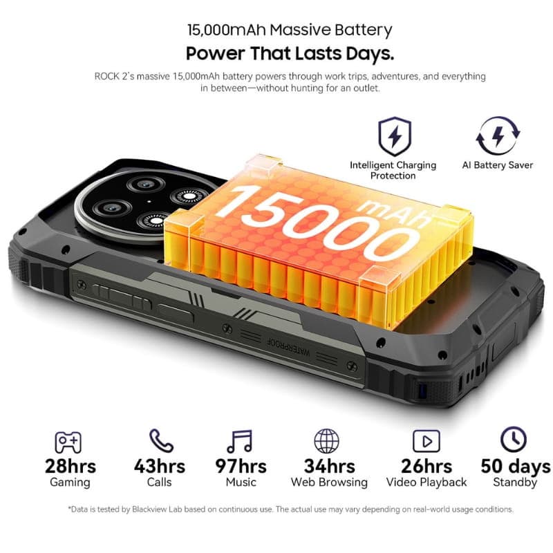 Blackview Rock 2 5G noir, écran 6,67 pouces. Visuel batterie 15 000 mAh en surimpression, module photo arrière circulaire, coque robuste antichoc.