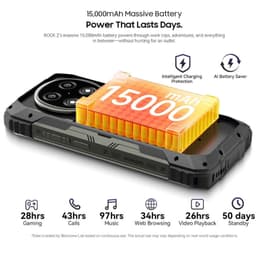 Blackview Rock 2 5G noir, écran 6,67 pouces. Visuel batterie 15 000 mAh en surimpression, module photo arrière circulaire, coque robuste antichoc.