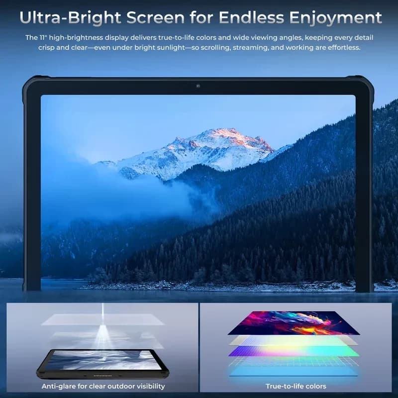 Oukitel RT10 Industry tablette 11 pouces, écran très lumineux avec anti-reflet, couleurs réalistes, angles larges, 5G, 12 Go RAM, 512 Go, lecteur