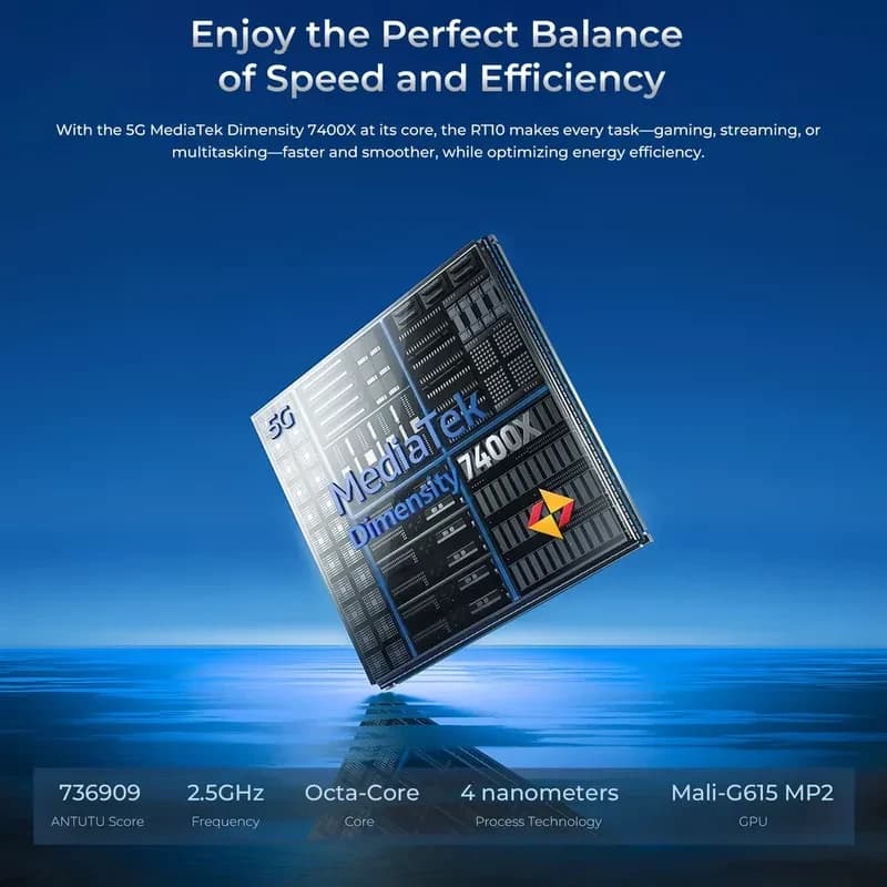 Oukitel RT10 Industry 512 Go 5G 12 Go RAM avec puce MediaTek Dimensity 7400X 4 nm octa‑core, GPU Mali‑G615 MP2, 2,5 GHz pour vitesse et efficacité