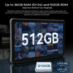 Oukitel RT10 Industry tablette robuste 5G avec écran large, stockage 512 Go mis en avant, mémoire 12+24 Go LPDDR5, UFS 3.0, idéale multitâche et terrain