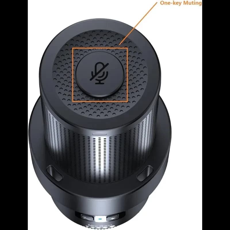 COMICA EJoy Uni Pro A microphone sans fil noir avec bouton muet unique, grille métallique perforée et base cylindrique moderne, affichage LED en façade