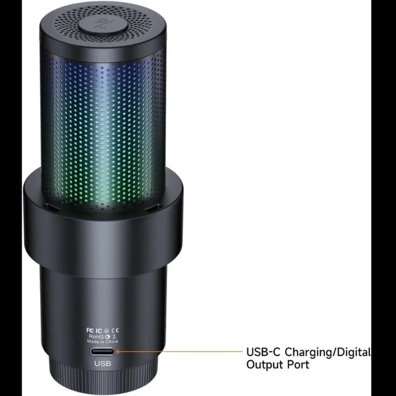 COMICA EJoy Uni Pro A micro sans fil noir, corps cylindrique métal, grille perforée avec éclairage RGB, port USB C pour charge et sortie numérique