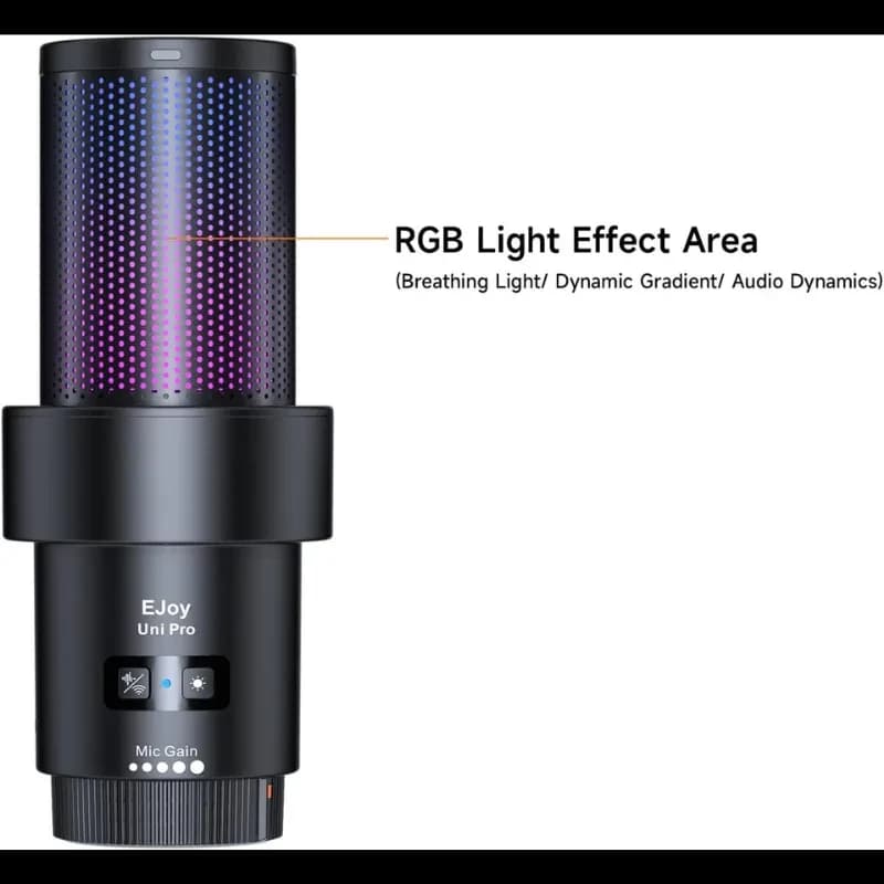 COMICA EJoy Uni Pro A noir avec cylindre lumineux RGB, effets respirants et dynamiques, commandes Mic Gain et mute, design compact pour bureau ou streaming