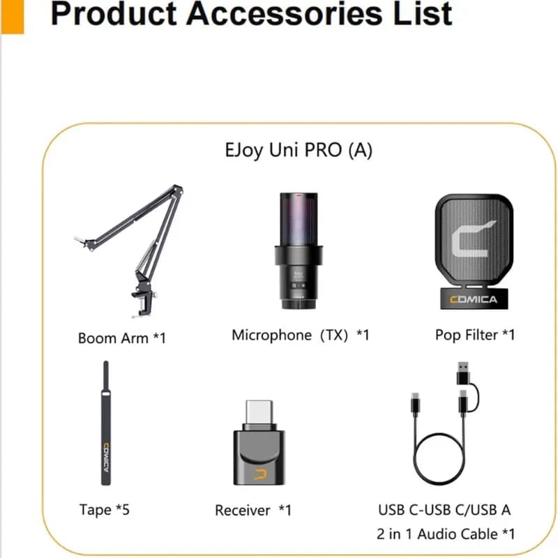 COMICA EJoy Uni Pro A micro sans fil noir avec bras articulé, micro TX cylindrique, filtre anti-pop, récepteur USB-C, câble 2 en 1 et bandes adhésives
