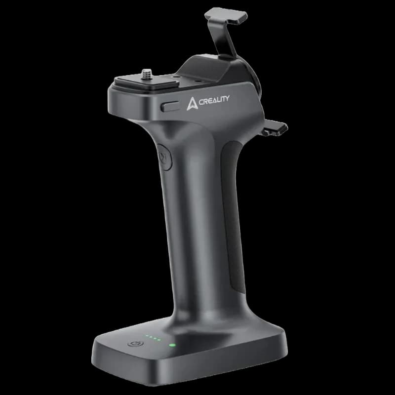 Creality Mango para Escaner Creality RaptorX, empuñadura ergonómica negra con base estable, botón lateral, LEDs de estado y soporte superior ajustable