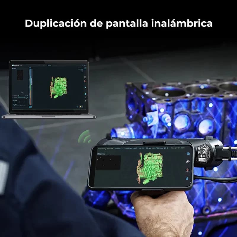 Creality Mango para Escaner Creality RaptorX mostrando duplicación de pantalla inalámbrica en móvil y laptop, interfaz de escaneo 3D con malla verde en