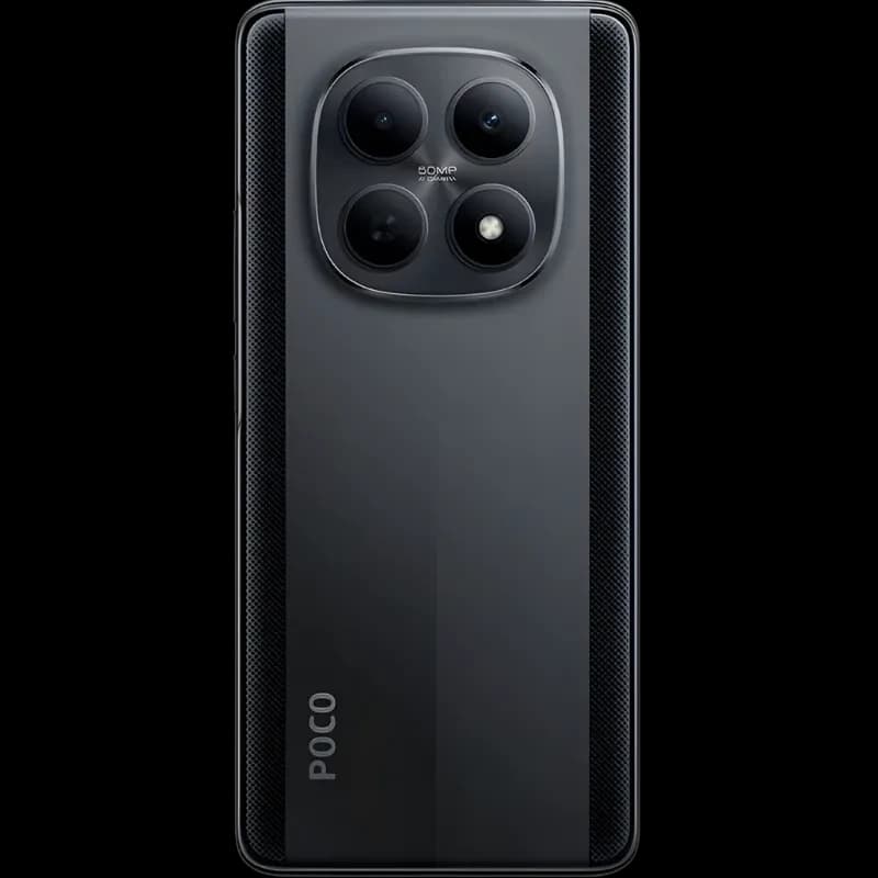 Xiaomi Poco M8 5G negro con pantalla casi sin bordes y cámara triple trasera en módulo circular; 8GB RAM, 256GB almacenamiento, diseño elegante y moderno