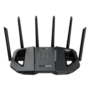 ASUS TUF Gaming BE9400 WIFI 7, router tri-band preto com 6 antenas externas, design angular robusto e logótipo TUF iluminado na parte superior