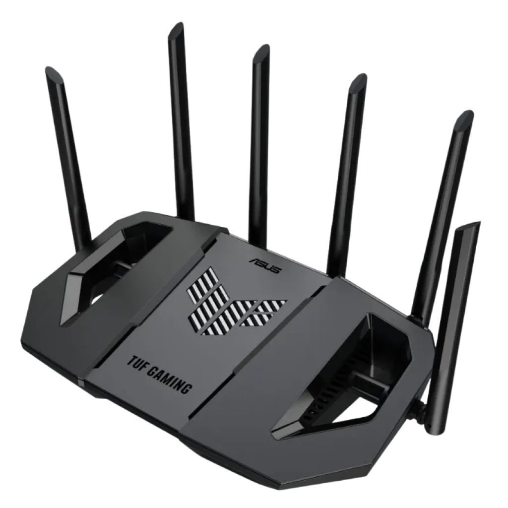 ASUS TUF Gaming BE9400 WIFI 7, router triple banda negro con 6 antenas externas, diseño angular robusto y logotipo TUF iluminado en la parte superior - Ítem1