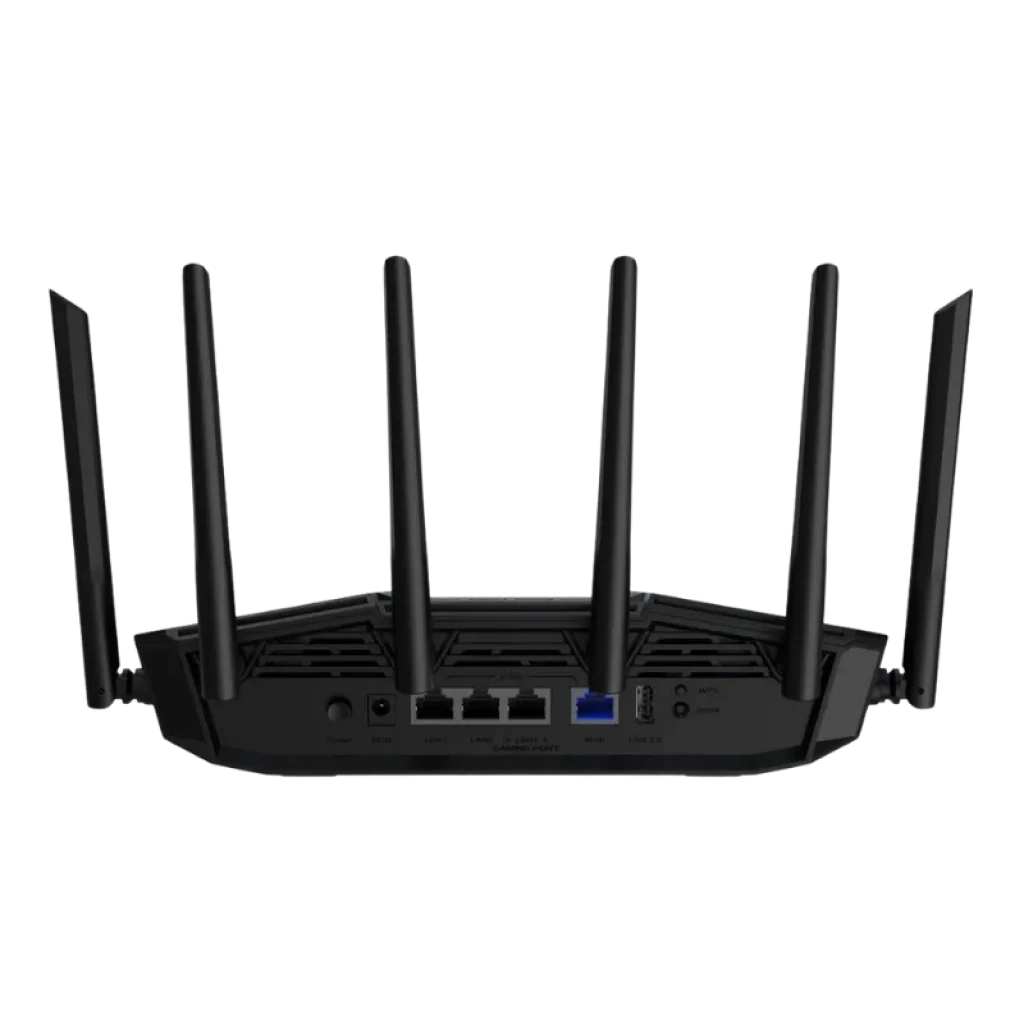 ASUS TUF Gaming BE9400 WIFI 7, router triple banda negro con 6 antenas externas, diseño angular robusto y logotipo TUF iluminado en la parte superior - Ítem3