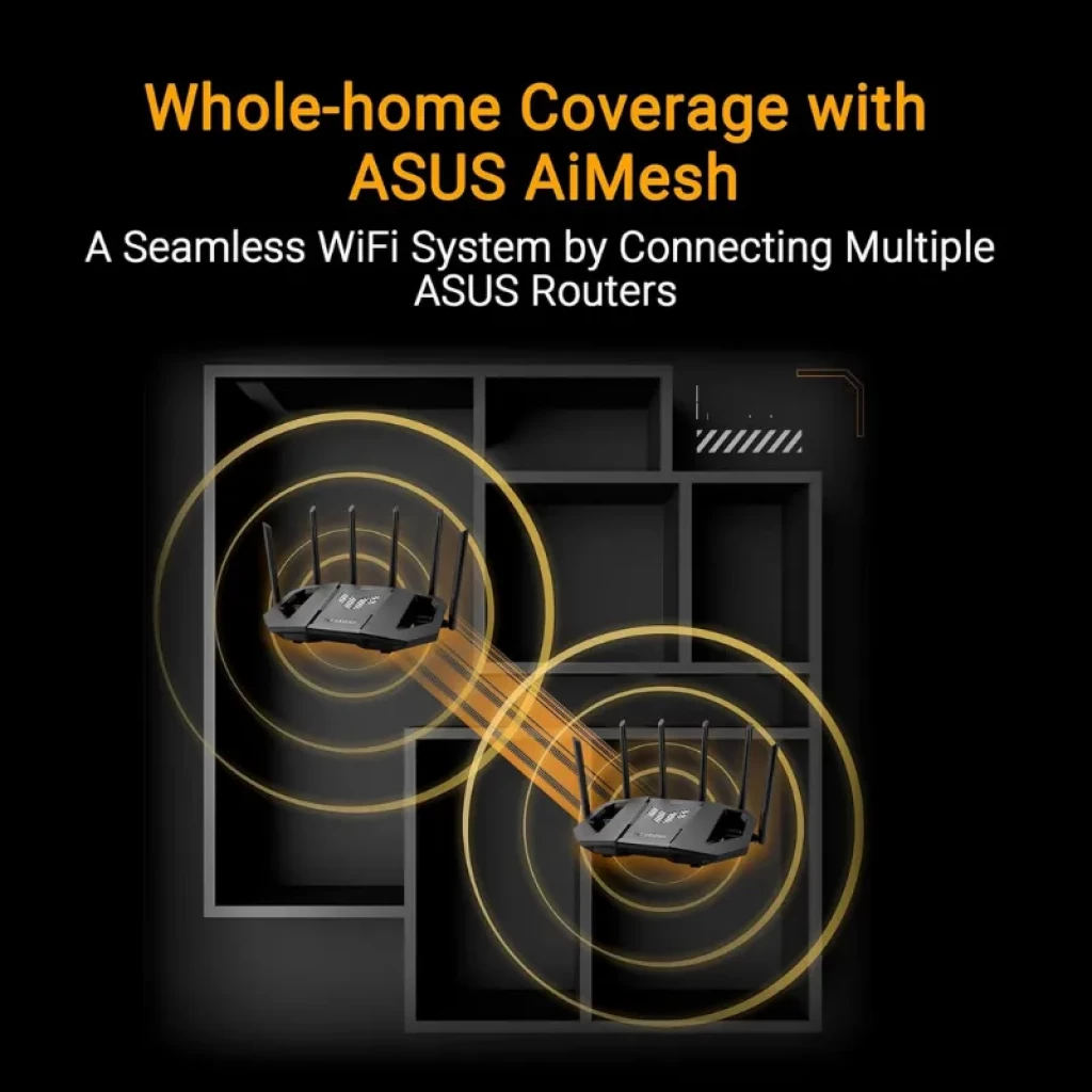 ASUS TUF Gaming BE9400 WIFI 7, router triple banda negro con 6 antenas externas, diseño angular robusto y logotipo TUF iluminado en la parte superior - Ítem6