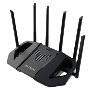 Router ASUS TUF Gaming BE6500 WiFi 7 negro con 8 antenas altas, diseño robusto y rejillas de ventilación, logo TUF iluminado y acabados angulares gaming
