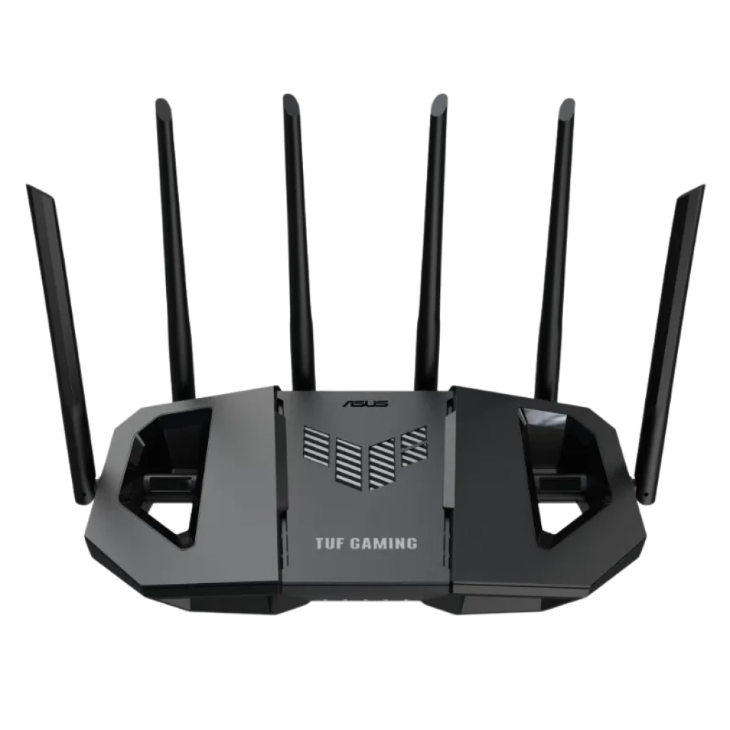 Router ASUS TUF Gaming BE6500 WiFi 7 negro con 8 antenas altas, diseño robusto y rejillas de ventilación, logo TUF iluminado y acabados angulares gaming - Ítem1