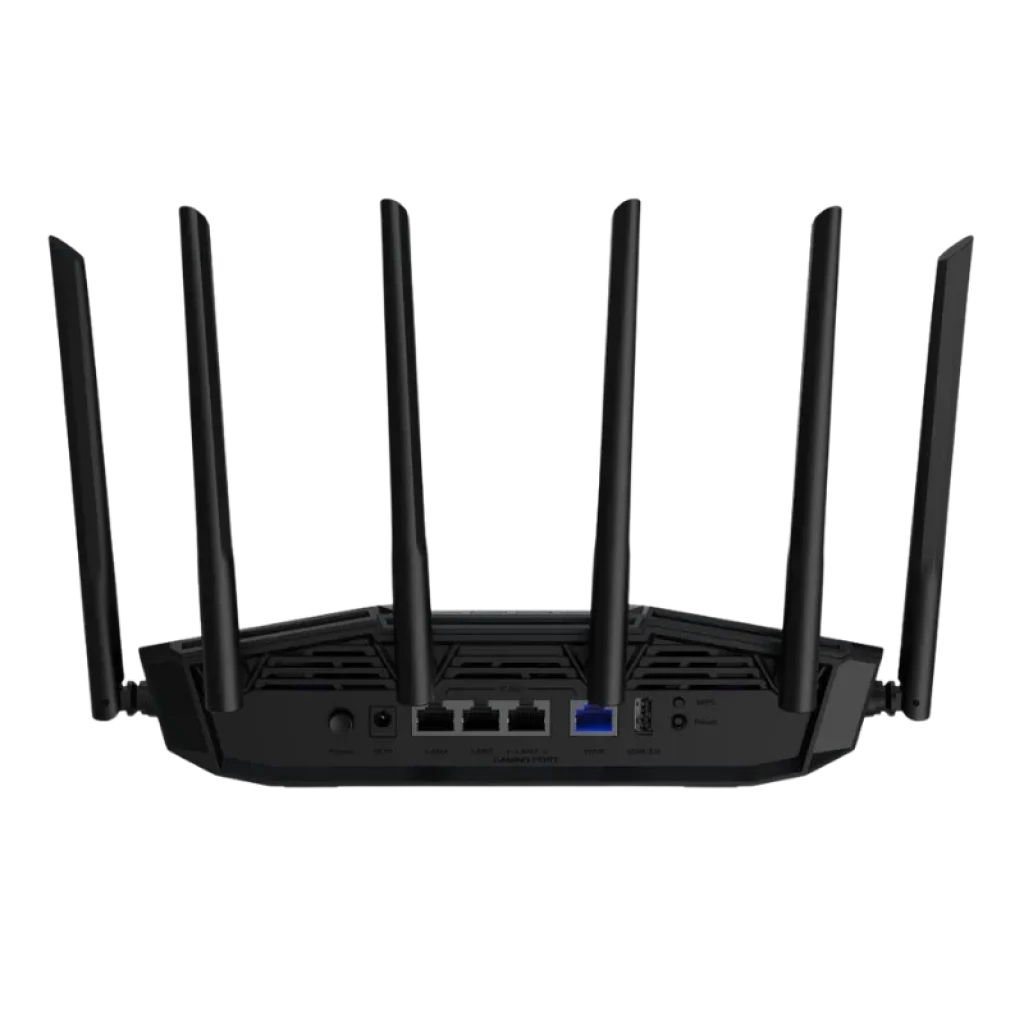 Router ASUS TUF Gaming BE6500 WiFi 7 negro con 8 antenas altas, diseño robusto y rejillas de ventilación, logo TUF iluminado y acabados angulares gaming - Ítem3
