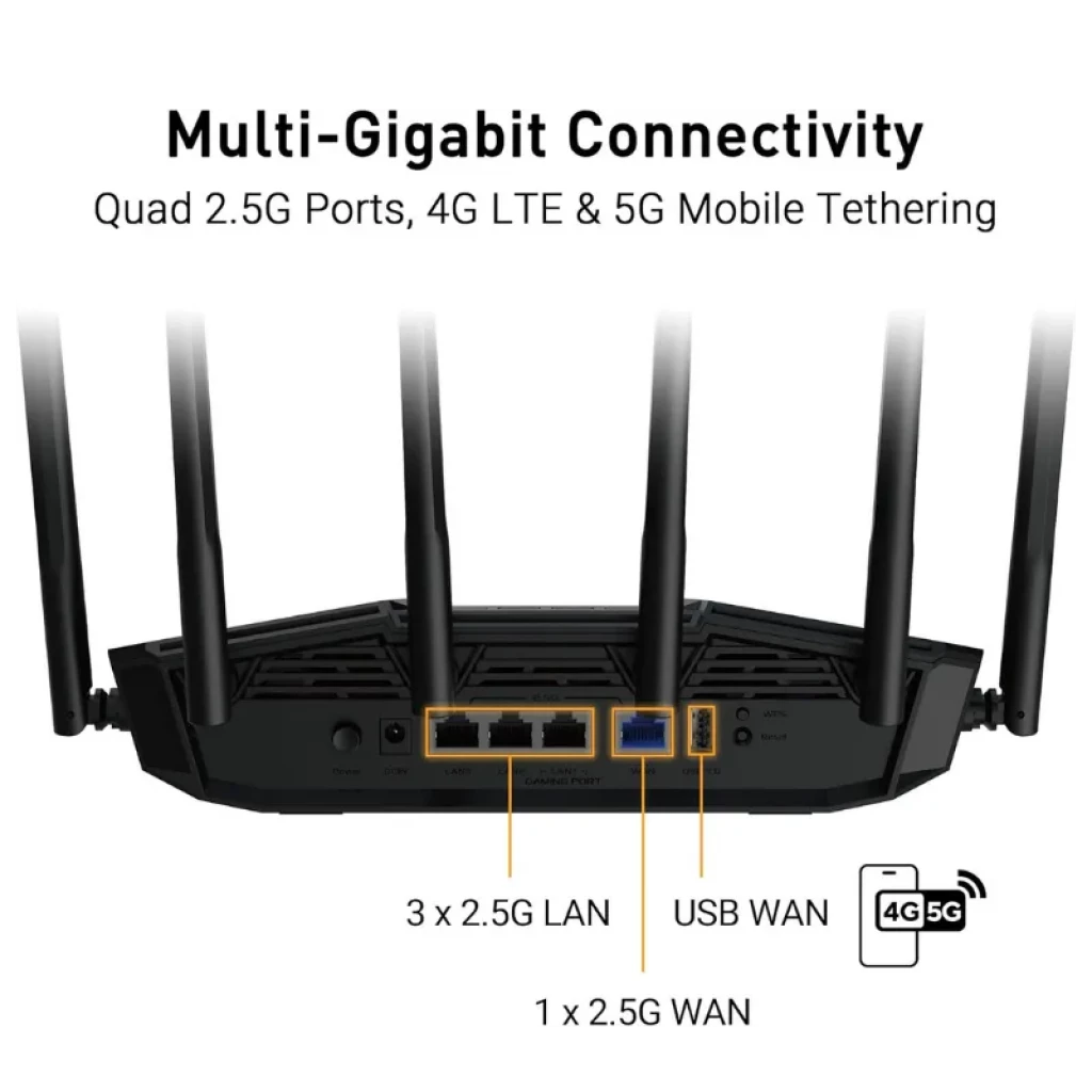 Router ASUS TUF Gaming BE6500 WiFi 7 negro con 8 antenas altas, diseño robusto y rejillas de ventilación, logo TUF iluminado y acabados angulares gaming - Ítem4