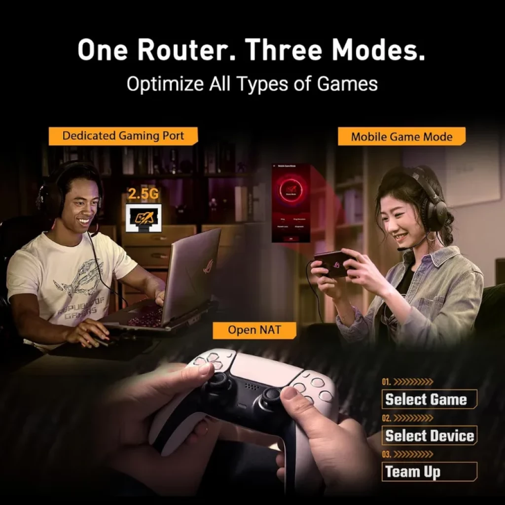 Router ASUS TUF Gaming BE6500 WiFi 7 negro con 8 antenas altas, diseño robusto y rejillas de ventilación, logo TUF iluminado y acabados angulares gaming - Ítem6