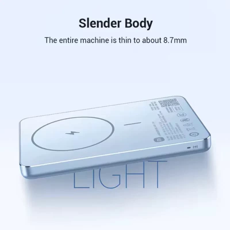 Xiaomi Ultra Slim Magnetic Power Bank 5000mAh 22,5W Azul com corpo ultrafino de 8,7 mm, acabamento metálico azul, ícone de carregamento e bordas arredondadas