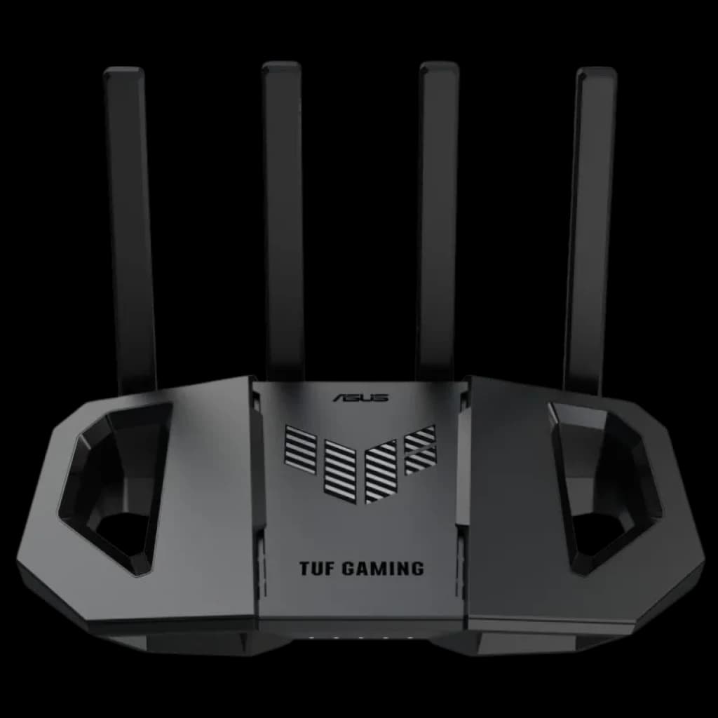 Vista frontal del router ASUS TUF Gaming BE3600 con diseño de cuatro antenas